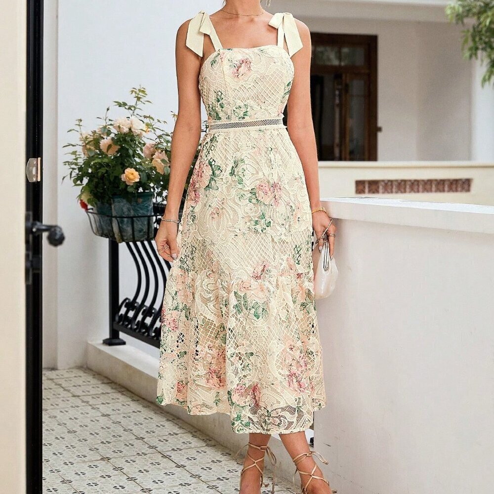 Multicolor Elegant Women's Lace Print Spaghetti Strap Dress - Picture 5 of 7